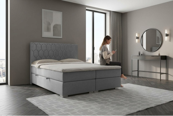 Lit Boxspring Hôtel Double 180x200cm Lits de Luxe Rembourrage Fonction Boîte Gris
