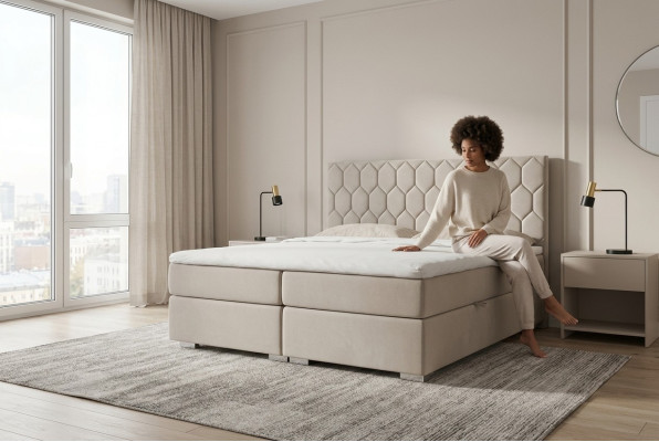 Lit Boxspring Hôtel Luxe Lits Revêtement Fonction Boîte Beige Double 180x200
