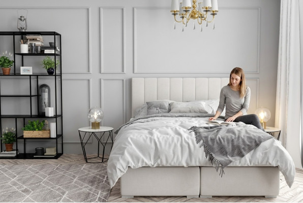 Boxspring lit Hôtel Double Lits de Luxe Base de lit rembourrée Fonction Beige nouveau
