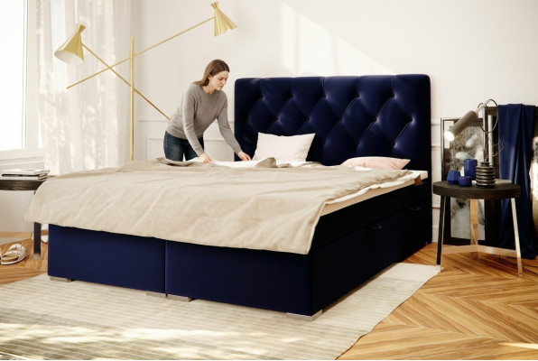 Boxspring Bed Hotel Double Bleu Textile Lits de Luxe Mobilier Lit Fonction Base de Lit Rembourré