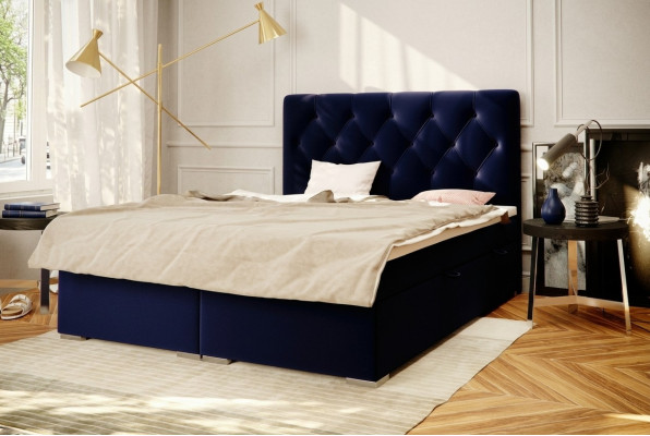 Boxspring Bed Hotel Double Bleu Textile Lits de Luxe Mobilier Lit Fonction Base de Lit Rembourré