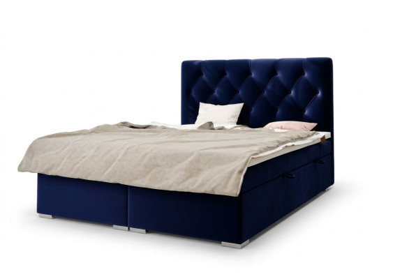 Boxspring Bed Hotel Double Bleu Textile Lits de Luxe Mobilier Lit Fonction Base de Lit Rembourré