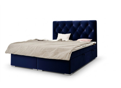 Boxspring Bed Hotel Double Bleu Textile Lits de Luxe Mobilier Lit Fonction Base de Lit Rembourré