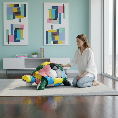 Figure de designer abstraite pour salon, statue moderne, tortue peinte en couleurs vives 109cm.