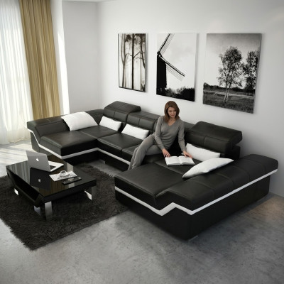Canapé d'angle en cuir xxl avec USB Canapé d'angle avec paysage de vie grand canapé ensemble de cuir neuf rembourrage