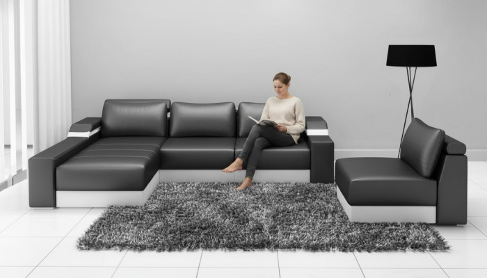 Canapé d'angle avec USB Canapé d'angle en cuir Ensemble de salon avec paysage vivant Chaise longue