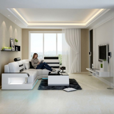 Canapé en cuir avec USB, Salon en coin avec canapé d'angle Eck Suite Design Canapé moderne L6016D
