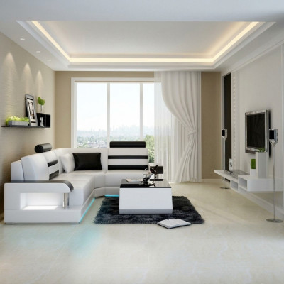 Canapé en cuir avec USB, Salon en coin avec canapé d'angle Eck Suite Design Canapé moderne L6016D