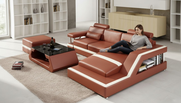 Canapé en cuir avec USB Salon en cuir Canapé d'angle Suite Eck Design Moderne Canapé L6002E