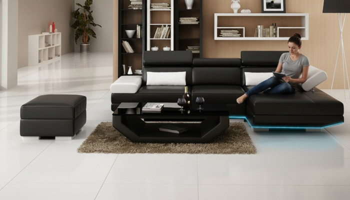 Canapé en cuir en forme de L + USB Salon paysage Canapé d'angle Suite Design Sofa Moderne K5009D