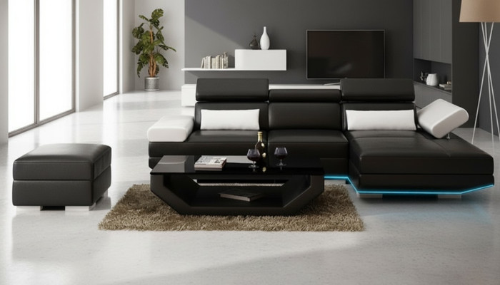 Canapé en cuir en forme de L + USB Salon paysage Canapé d'angle Suite Design Sofa Moderne K5009D