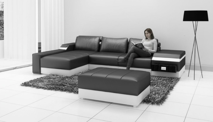 Canapé d'angle + Canapé d'angle USB en cuir rembourré Salon Suite Paysage vivant Chaise longue