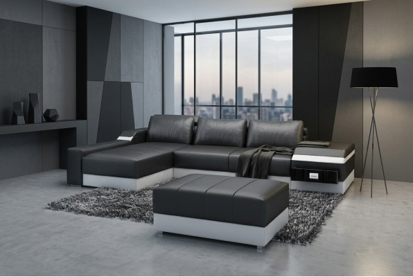 Canapé d'angle + Canapé d'angle USB en cuir rembourré Salon Suite Paysage vivant Chaise longue