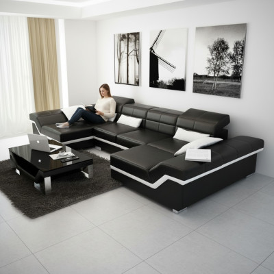 Grand ensemble en cuir Canapé en cuir neuf XXL Canapé avec USB Canapé d'angle Paysage de vie