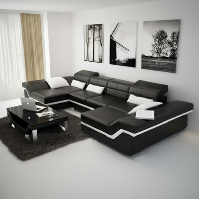 Canapé en cuir XXL avec USB Canapé d'angle Paysage vivant Grand canapé Ensemble de canapé en cuir Rembourrage neuf