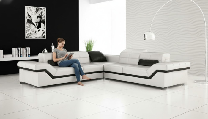 Canapé en cuir XXL Salon paysage Canapé Design avec USB Canapé d'angle Ensemble de canapés Blanc