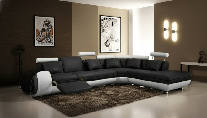 CANAPÉ EN CUIR avec design de canapé en cuir et USB, design de canapé paysager noir/blanc neuf