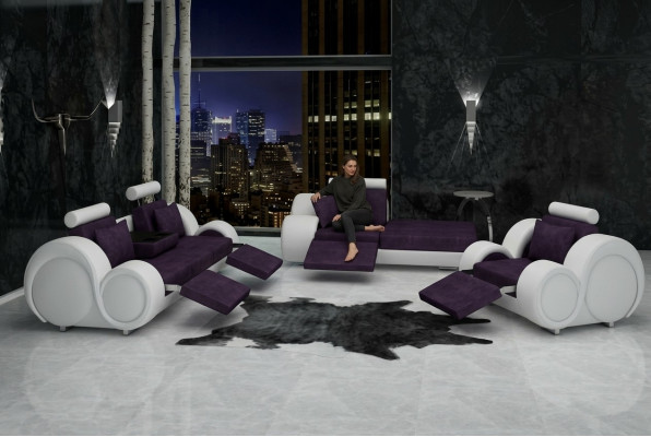 Sofa Suite Cuir & Tissu + USB, Ensemble de canapé 3 + Chaise + 1 Paysage vivant