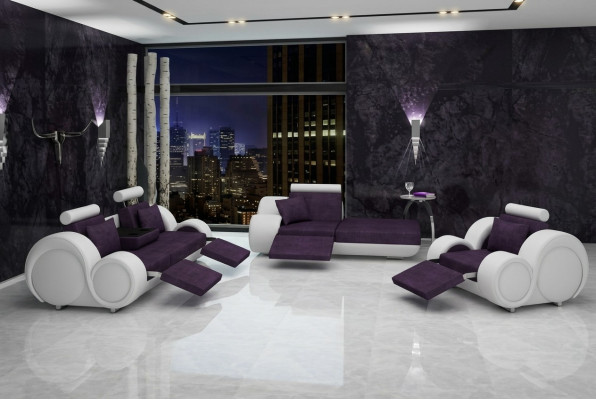 Sofa Suite Cuir & Tissu + USB, Ensemble de canapé 3 + Chaise + 1 Paysage vivant