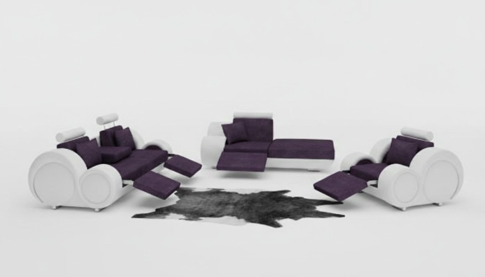Sofa Suite Cuir & Tissu + USB, Ensemble de canapé 3 + Chaise + 1 Paysage vivant