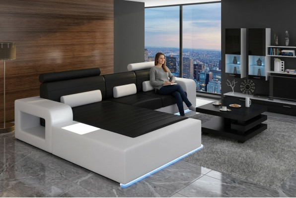 Canapé d'angle en cuir avec USB, Suite de canapé en cuir sur mesure, Canapé d'angle SUITE en cuir
