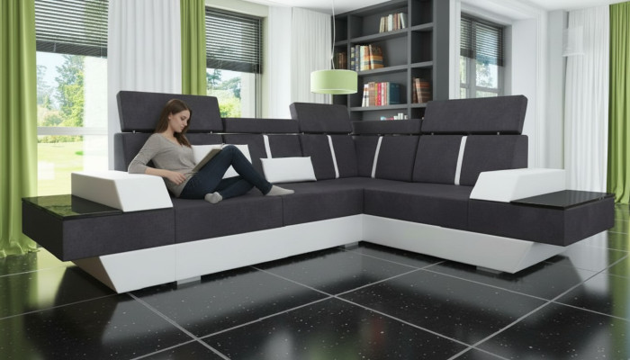 Canapé d'angle design + USB Canapé panorama Canapé d'angle Tissu Cuir Sur mesure Neuf