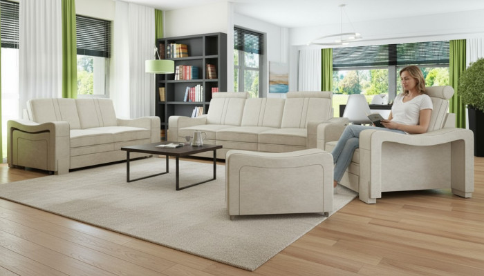 Ensemble de canapés en textile avec revêtement en tissu et USB, canapé 3+2+1, paysage de vie.