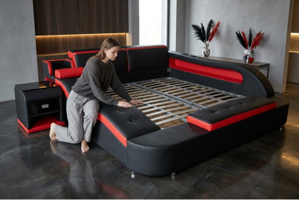 Lit en cuir de luxe double + lit à rembourrage USB lits modernes multifonctionnels d'hôtel