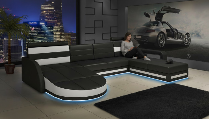 XXL Salon de paysage CANAPÉ Suite DESIGN Canapé d'angle Noir CANAPÉ EN CUIR avec USB neuf
