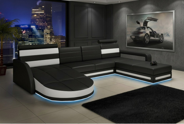 XXL Salon de paysage CANAPÉ Suite DESIGN Canapé d'angle Noir CANAPÉ EN CUIR avec USB neuf