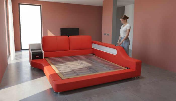 Double lit en cuir de luxe avec design tapissé, lits avec USB multifonction pour hôtel