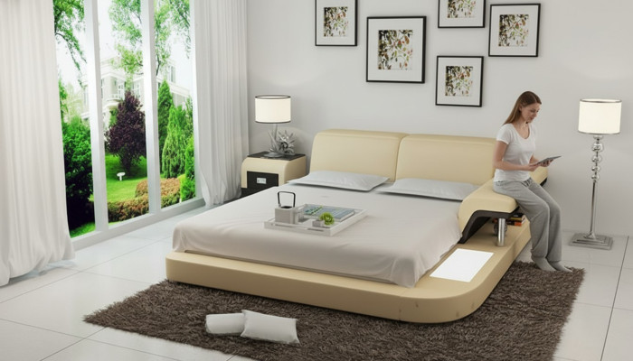 Conception Lit XXL Grands Lits Cuir Hôtel Rembourrage 180x200 Étagère Multifonction USB