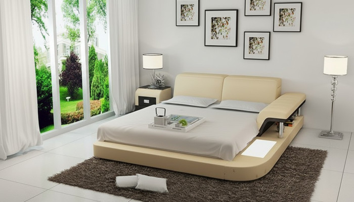 Conception Lit XXL Grands Lits Cuir Hôtel Rembourrage 180x200 Étagère Multifonction USB