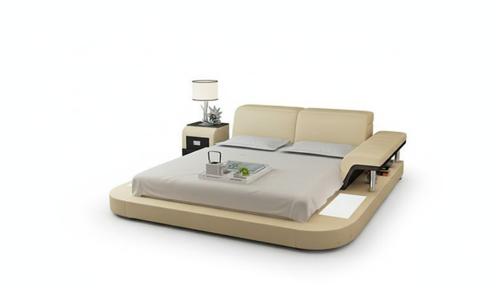 Conception Lit XXL Grands Lits Cuir Hôtel Rembourrage 180x200 Étagère Multifonction USB