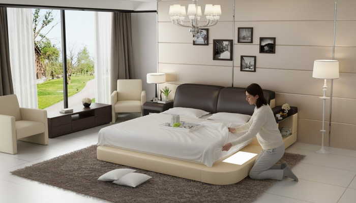 Conception Lit XXL Grands Lits Rembourrage en Cuir Hôtel 200x200cm Étagère Multifonction USB