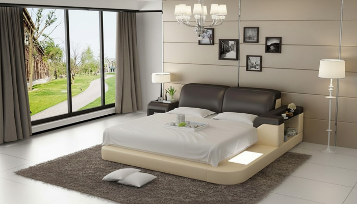 Conception Lit XXL Grands Lits Rembourrage en Cuir Hôtel 200x200cm Étagère Multifonction USB