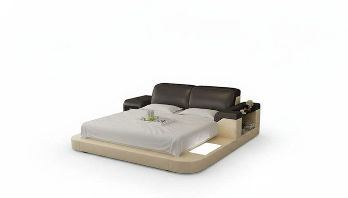Conception Lit XXL Grands Lits Rembourrage en Cuir Hôtel 200x200cm Étagère Multifonction USB
