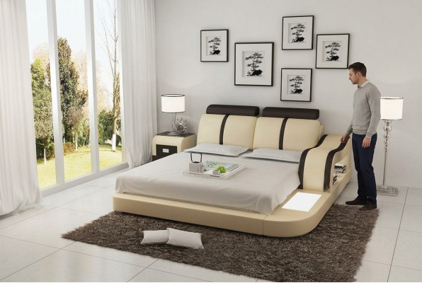Design Lit XXL Grands Lits Cuir Hôtel Rembourrage 180x200 Étagère Multifonction USB