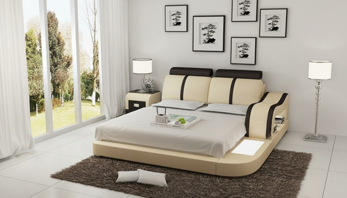 Design Lit XXL Grands Lits Cuir Hôtel Rembourrage 180x200 Étagère Multifonction USB