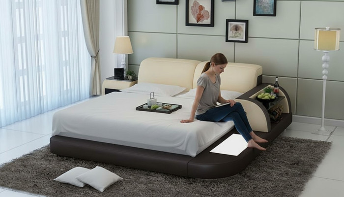 Lit de design XXL Lits grands Cuir Hôtel Capitonné 180x200 Étagère multifonction USB