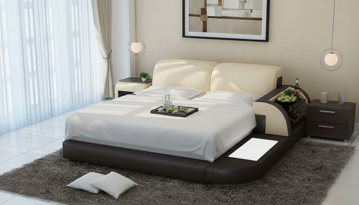 Lit de design XXL Lits grands Cuir Hôtel Capitonné 180x200 Étagère multifonction USB