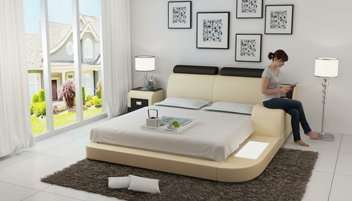 Design Lit XXL Lits Grand Cuir Hotel Rembourrage 160x200cm Étagère Multifonction USB