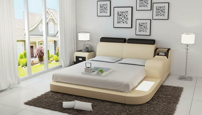 Design Lit XXL Lits Grand Cuir Hotel Rembourrage 160x200cm Étagère Multifonction USB