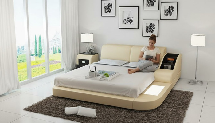 Lit de design XXL Lit XXL en cuir d'hôtel avec rembourrage 160x200cm Tablette multifonction USB