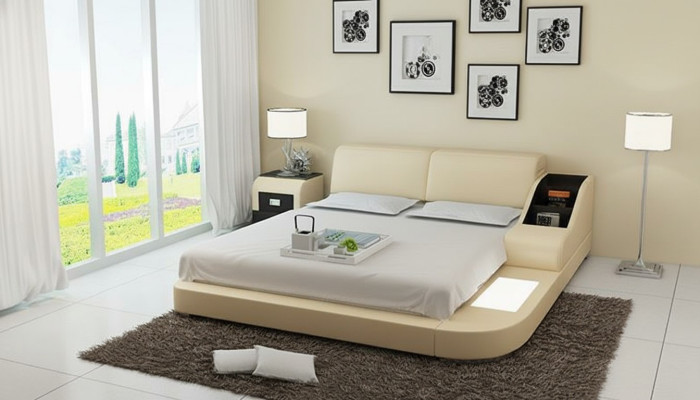 Lit de design XXL Lit XXL en cuir d'hôtel avec rembourrage 160x200cm Tablette multifonction USB