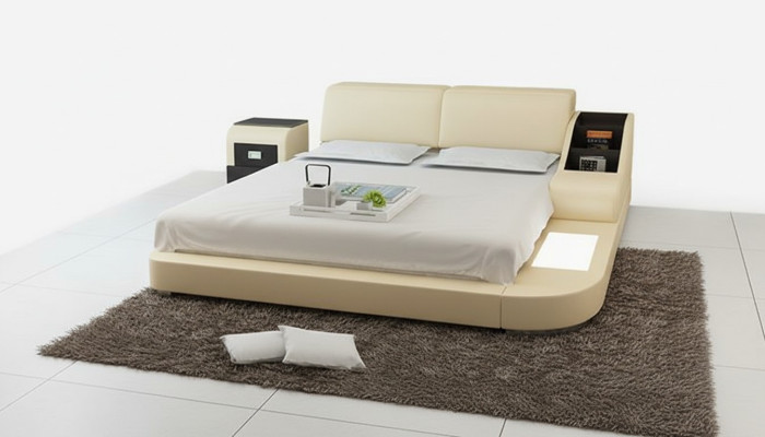 Lit de design XXL Lit XXL en cuir d'hôtel avec rembourrage 160x200cm Tablette multifonction USB