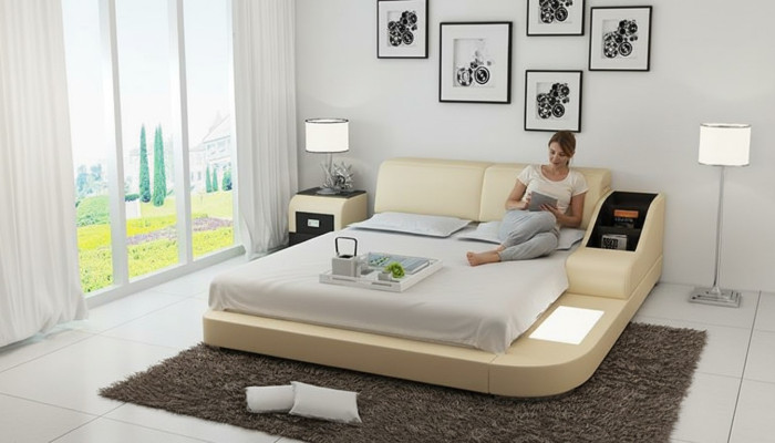 Design Lit XXL Lits King-size Revêtement en cuir Hôtel 160x200cm Étagère multifonction USB