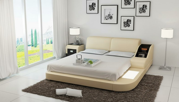 Design Lit XXL Lits King-size Revêtement en cuir Hôtel 160x200cm Étagère multifonction USB