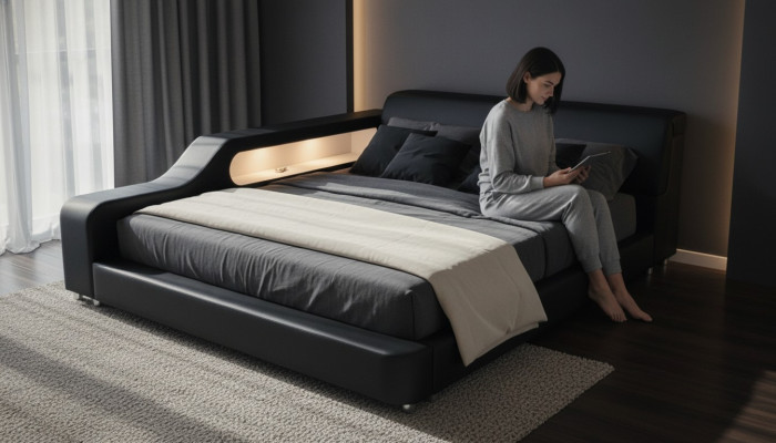 Lit de design XXL Grands lits revêtus de cuir 200x200cm Hôtel Étagère multifonction USB