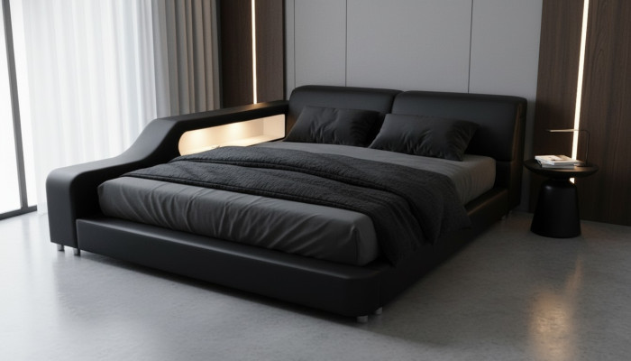 Lit de design XXL Grands lits revêtus de cuir 200x200cm Hôtel Étagère multifonction USB